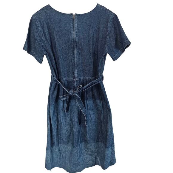 Vintage Denim Dress Women Medium 90s Midi Blue Floral Cottage Granny Prairie - Picture 2 of 14